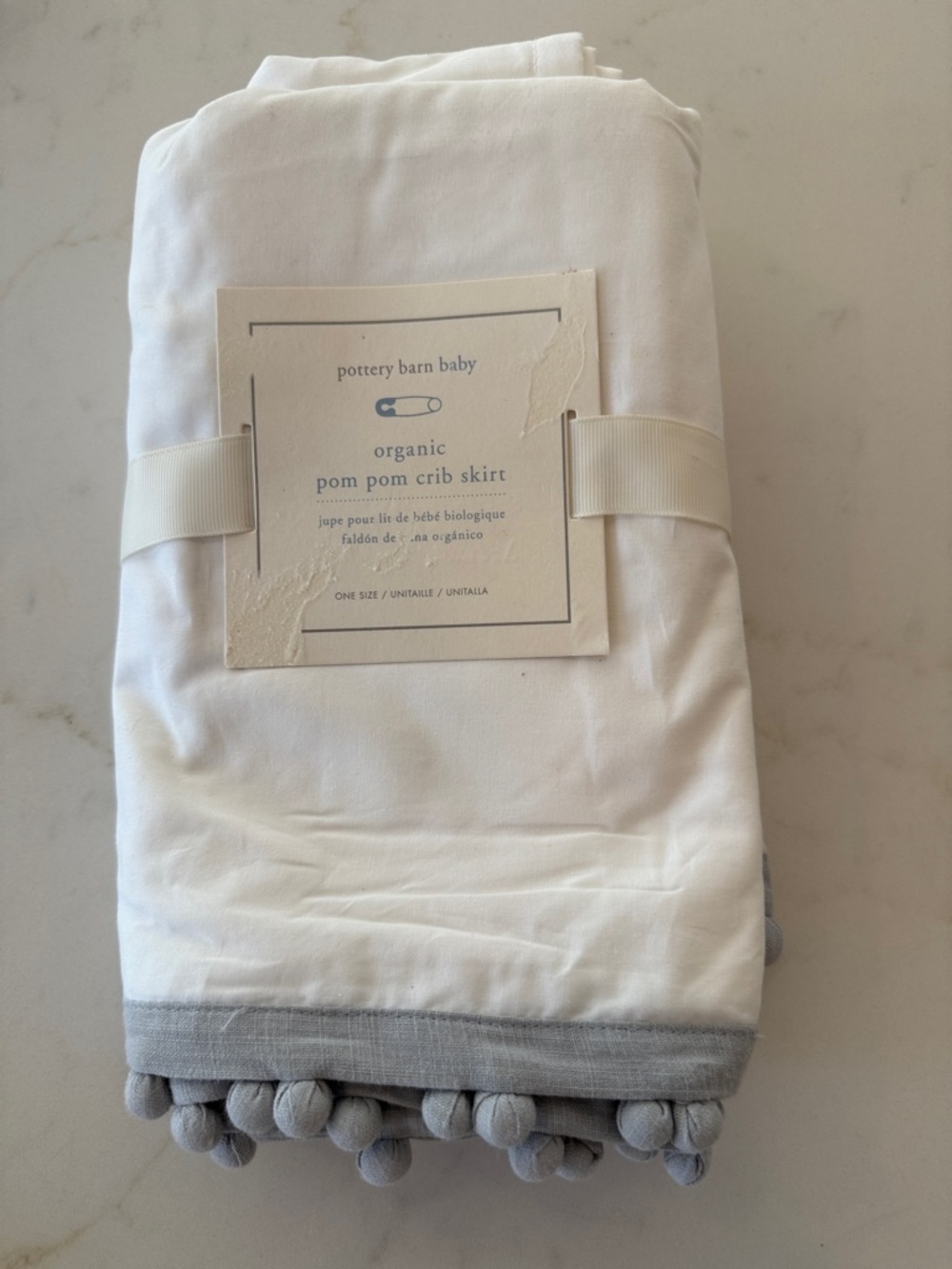 Pottery Barn Kids White Crib Skirt with Gray Pom Trim